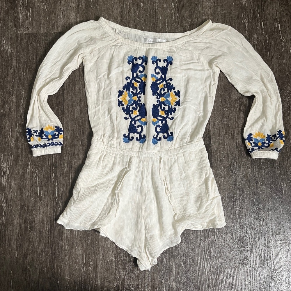 Lovers + Friends Embroidered Romper Off Shoulder‎ Bohemian Blue Yellow Cream S
